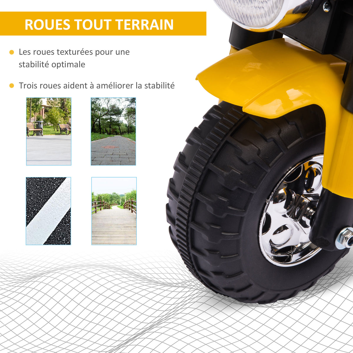 Moto électrique Enfant Chopper Tout-Terrain 6 V 20 W Marche AV AR 3 Roues Effets Lumineux et sonores Jaune Noir