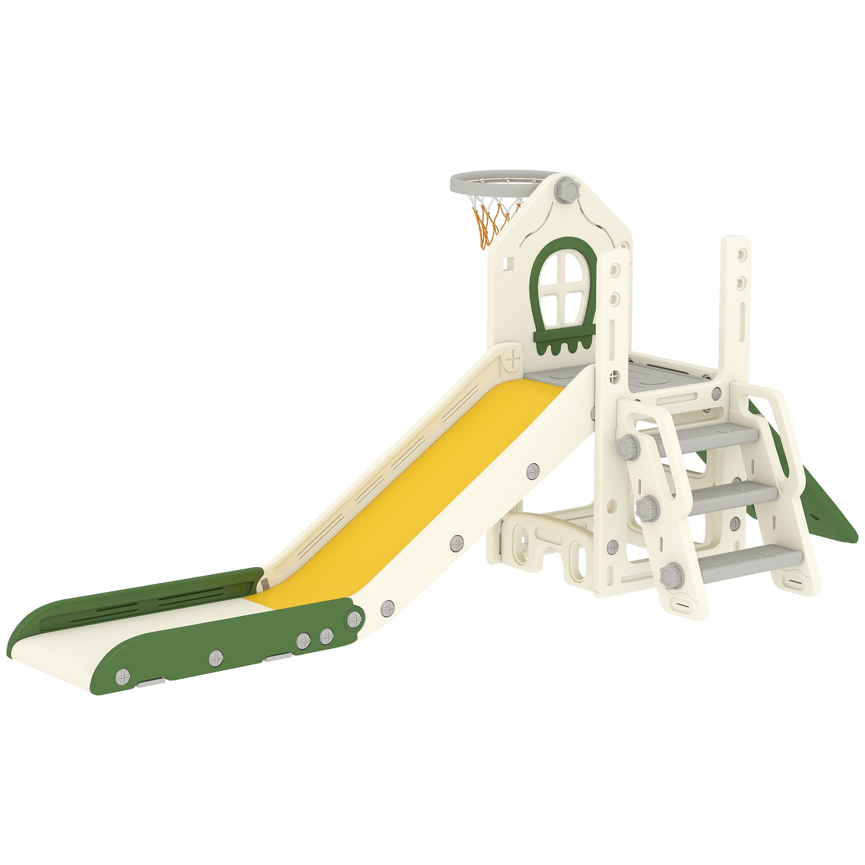 Toboggan pour Enfant Pliable 5-en-1 avec Escalade, Panier de Basket, Espace de Rangement et Ballon, Crème