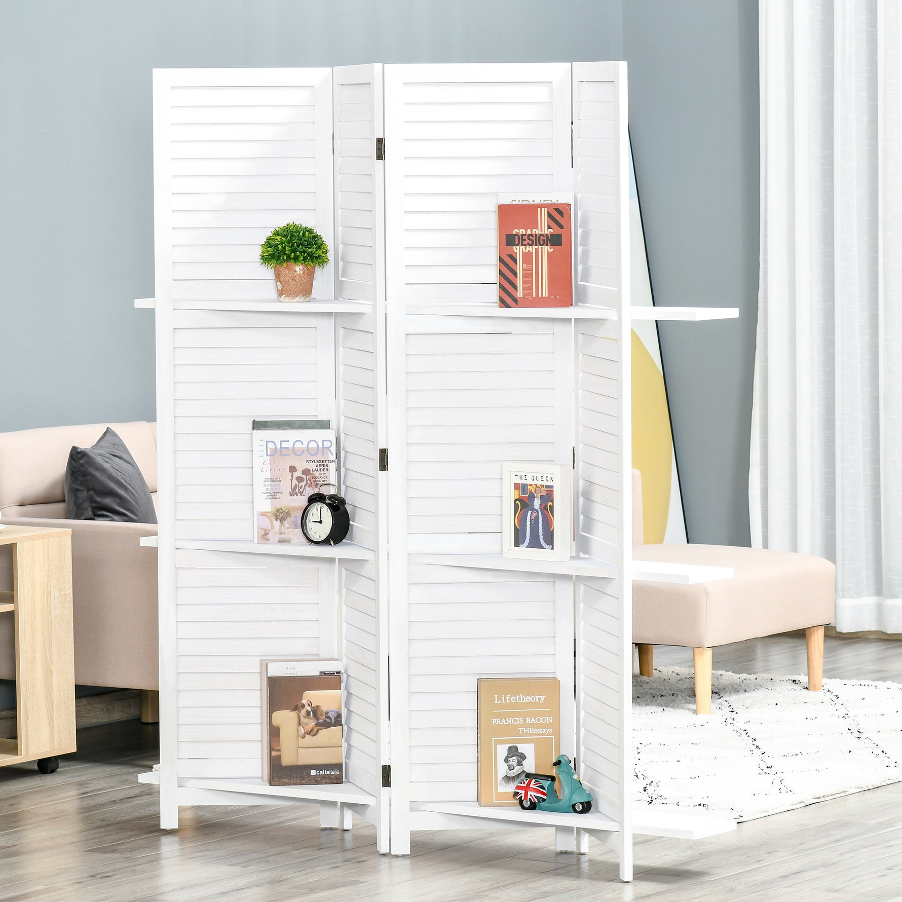 Paravent Intérieur en Bois 4 Panneaux 160 x 170 cm, Séparateur de Pièce Pliable avec 3 Étagères, Cloison de Séparation pour Salon, Chambre à Coucher, Maison, Blanc