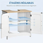 Meuble salle de bain sous lavabo à double portes avec étagères réglables, blanc et bois naturel