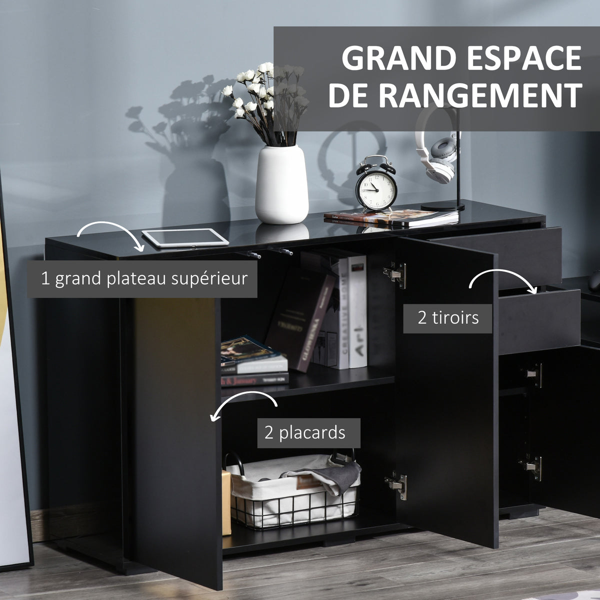 Buffet meuble de rangement 2 tiroirs coulissants 3 portes étagère réglable panneaux de particules 117 x 36 x 74 cm noir