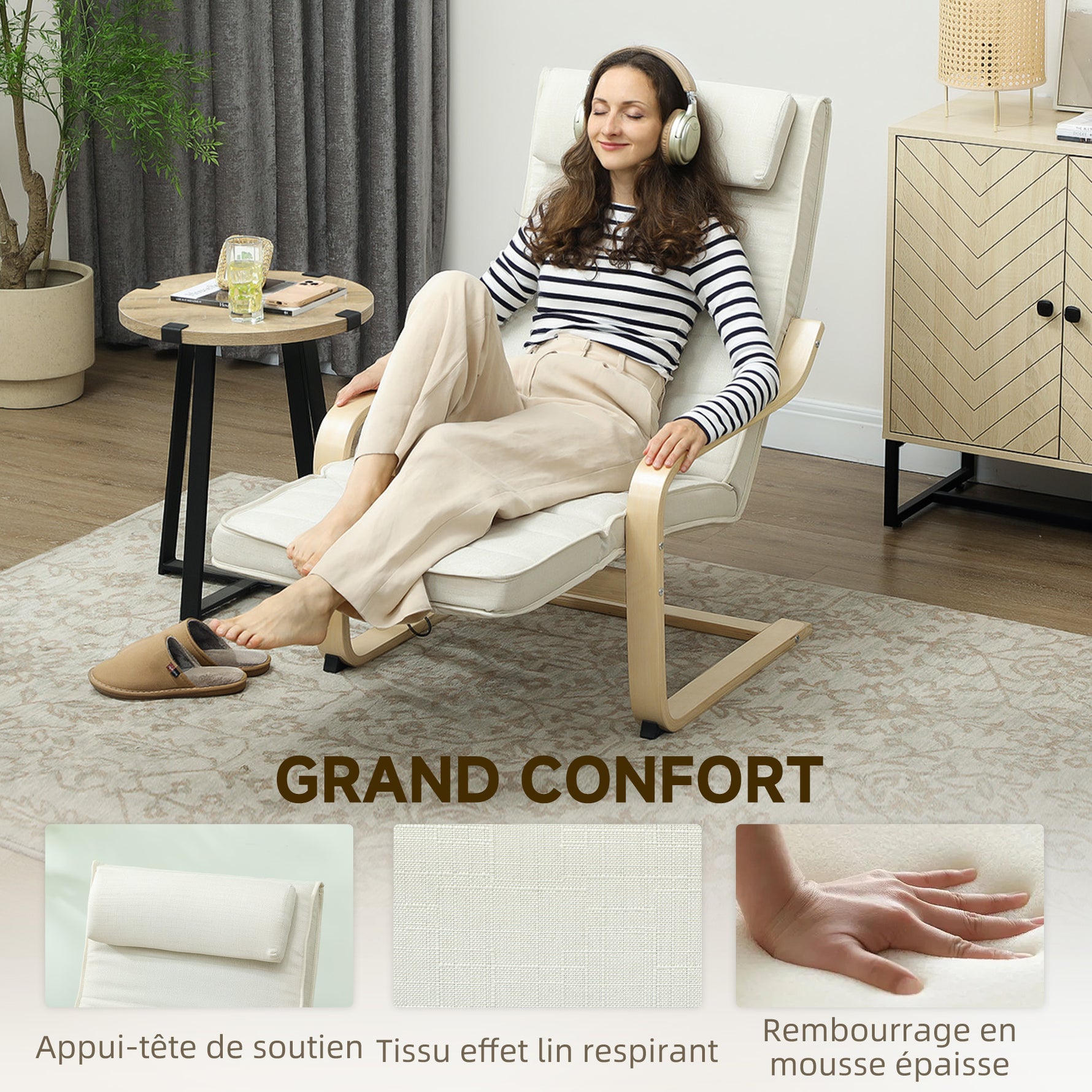 Fauteuil de salon fauteuil relax massant et chauffant dossier haut, appui-tête et repose-pieds, 67 x 95 x 101 cm, crème