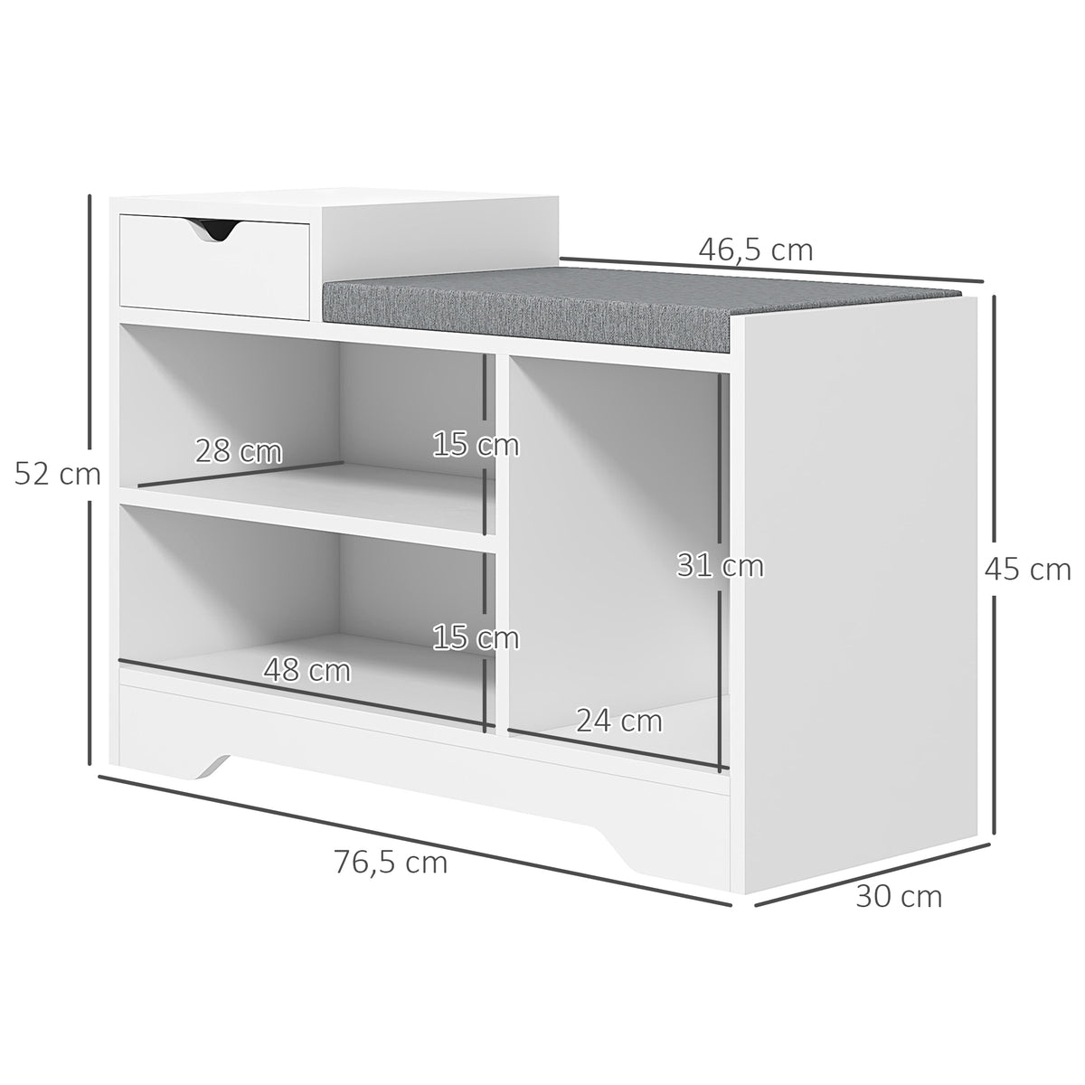 Mueble zapatero y banco con 1 cajón y 3 compartimentos, capacidad 5 pares, MDF, 76,5L x 30P x 52A cm