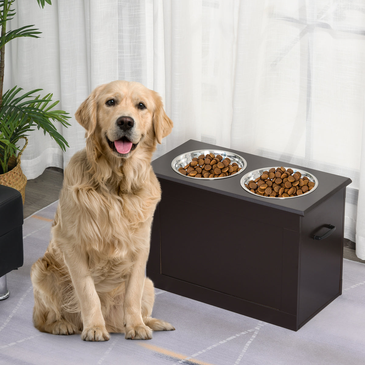 Gamelles chiens surélevées gamelle double chien chat Porte-gamelles surélevé 60L x 30l x 41H cm bois chocolat