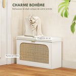 Banc à chaussures, banc de rangement, assise rembourrée, tiroir rabattable, porte en rotin, 80 x 26 x 47,5 cm, blanc