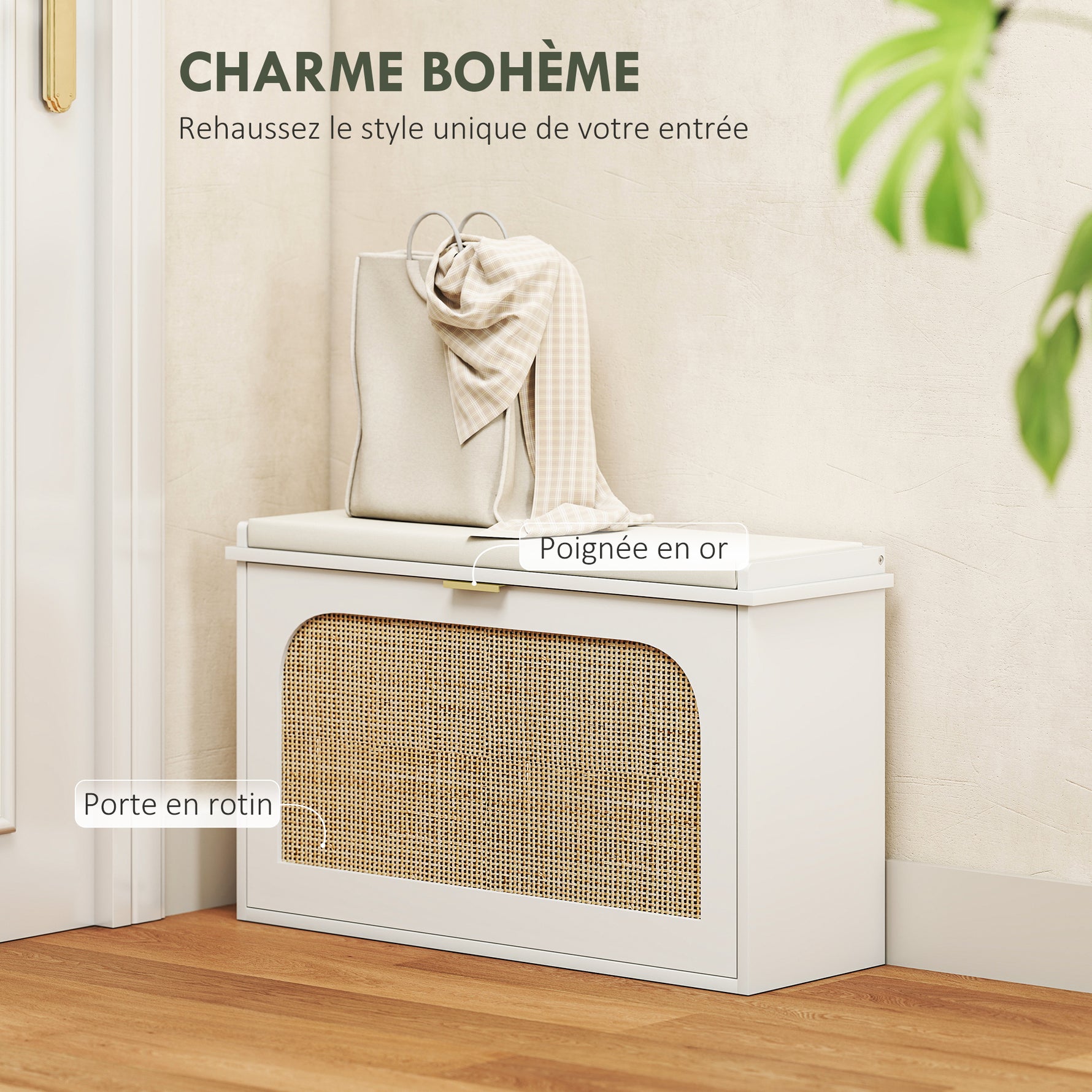 Banc à chaussures, banc de rangement, assise rembourrée, tiroir rabattable, porte en rotin, 80 x 26 x 47,5 cm, blanc