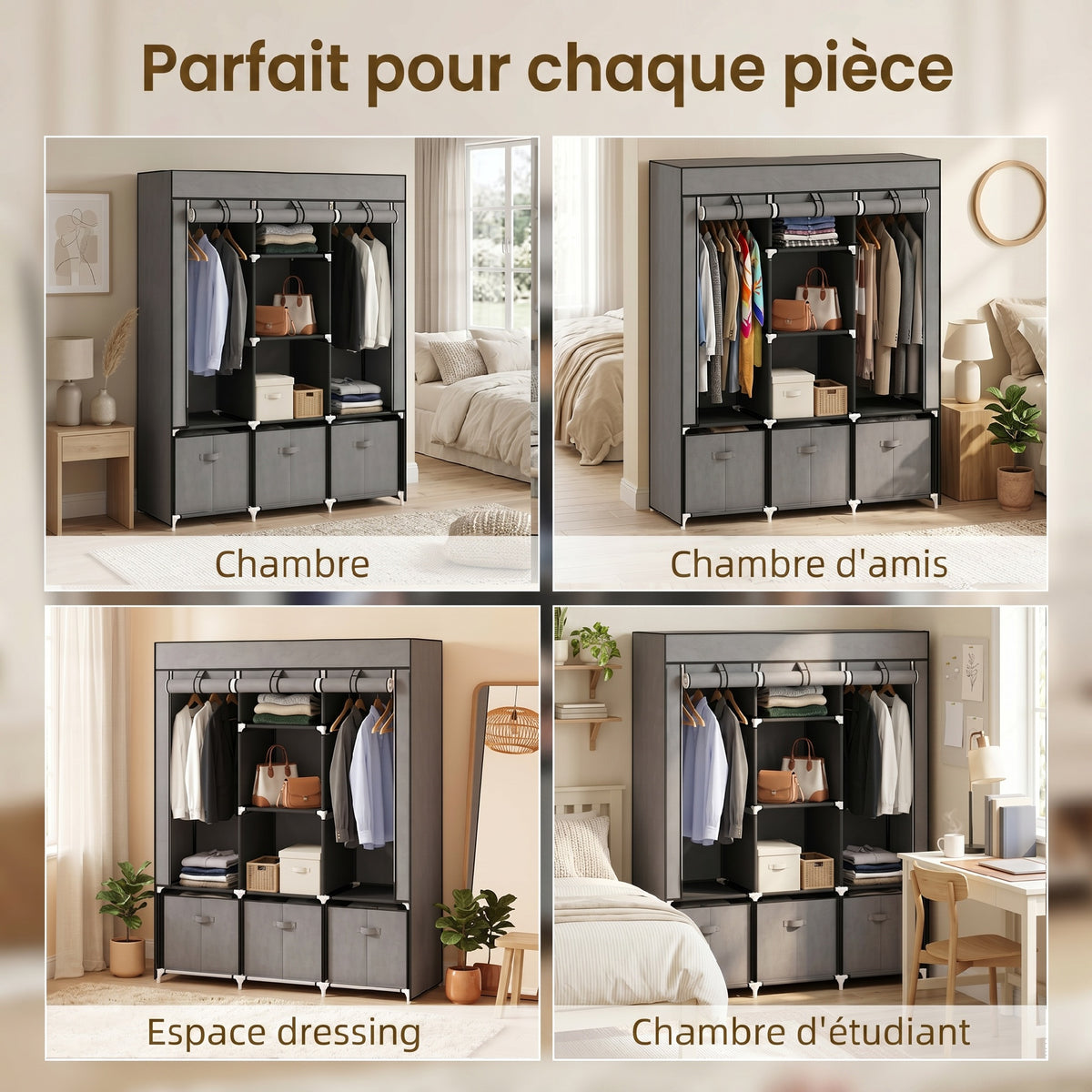 Faltbarer Stoffschrank mit 5 Regalen, 2 Kleiderstangen und 3 Stoffschubladen 125L x 43B x 162,5H cm