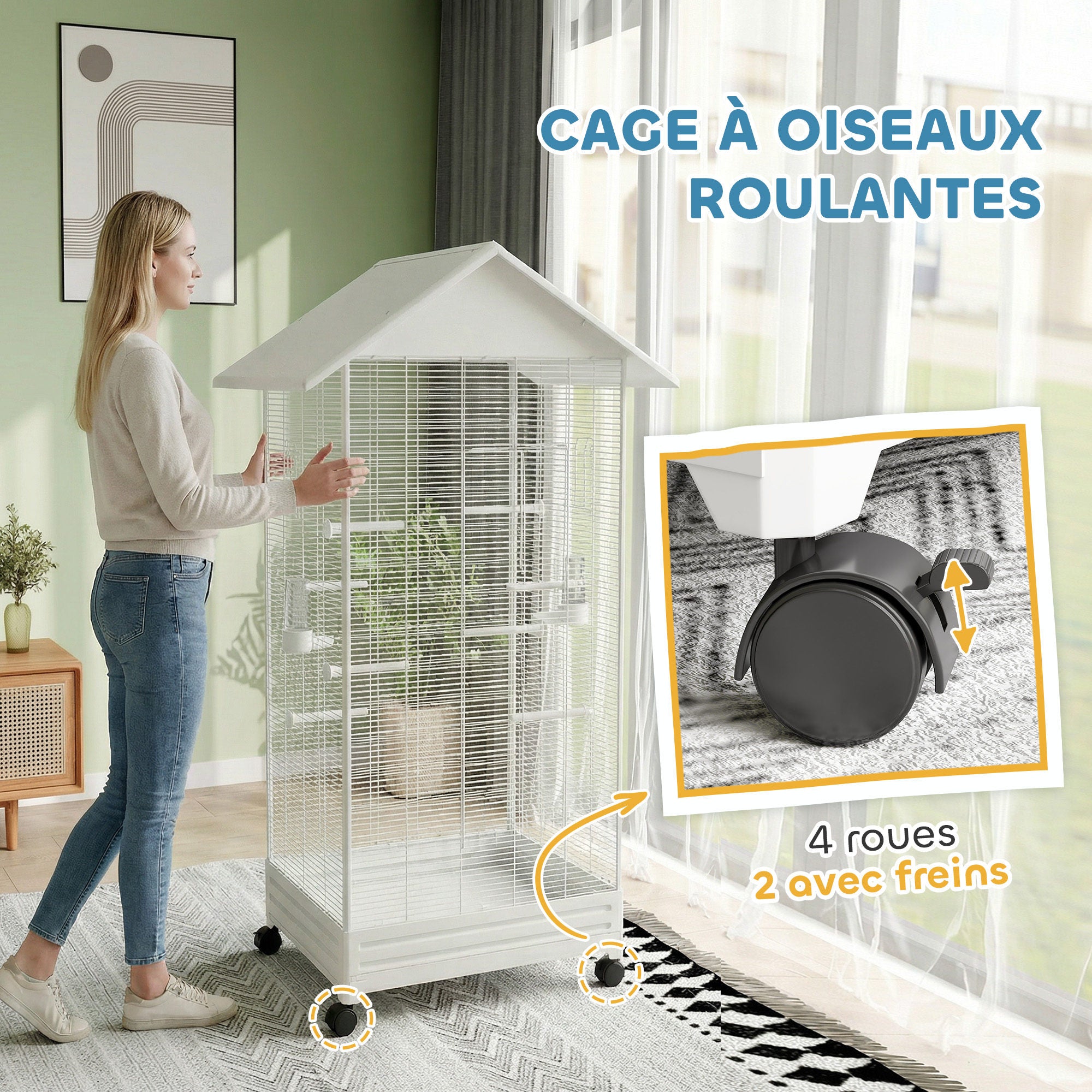 Vogelkooi op standaard volière voor binnen op wieltjes 2 voerbakjes 8 zitstokken 79 x 65 x 155 cm wit staaldraad