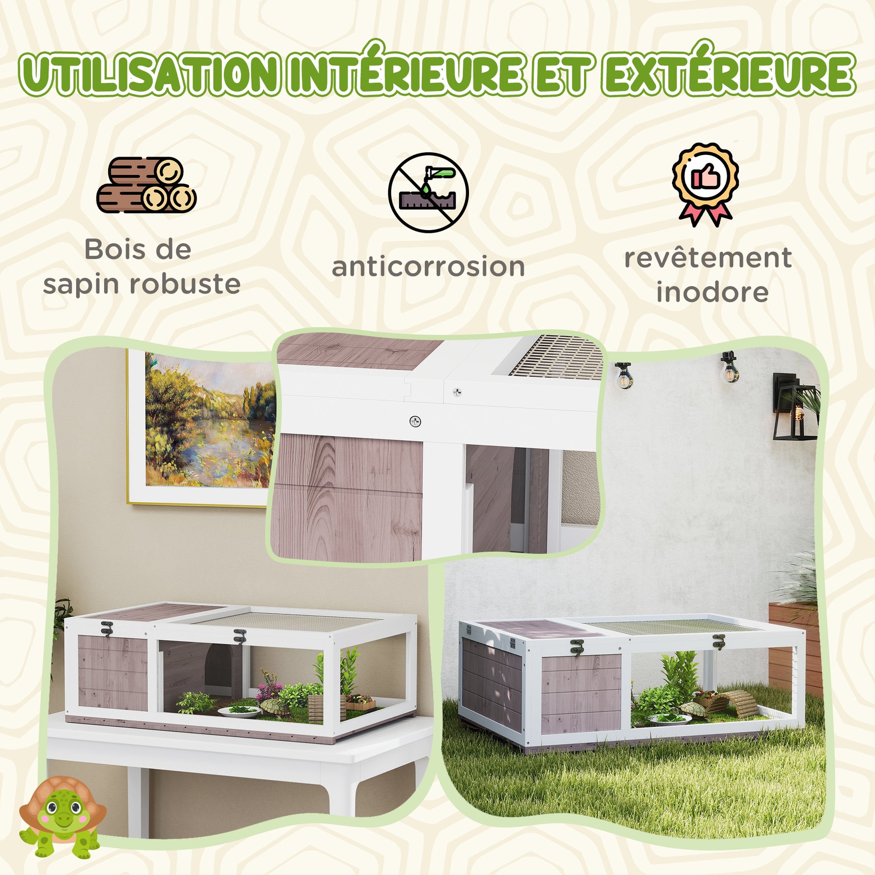 Maison enclos cage habitat pour petit animal tortues avec 2 espaces 91 x 60,5 x 32 cm bois massif marron clair
