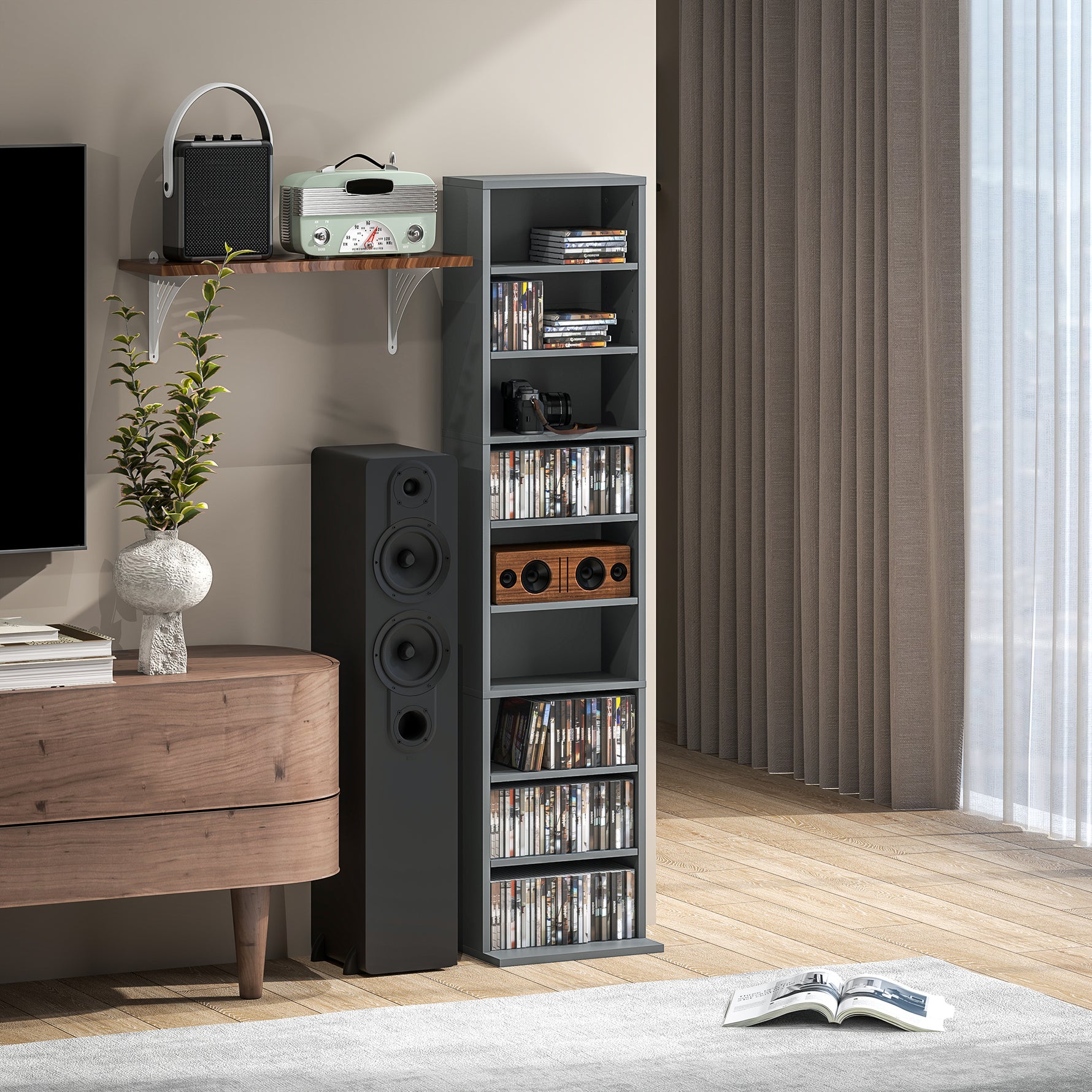 Rangements pour CD et DVD 9 compartiments et 6 étagères réglables capacité max. 260 CD/120 DVD 33 x 24 x 140 cm gris