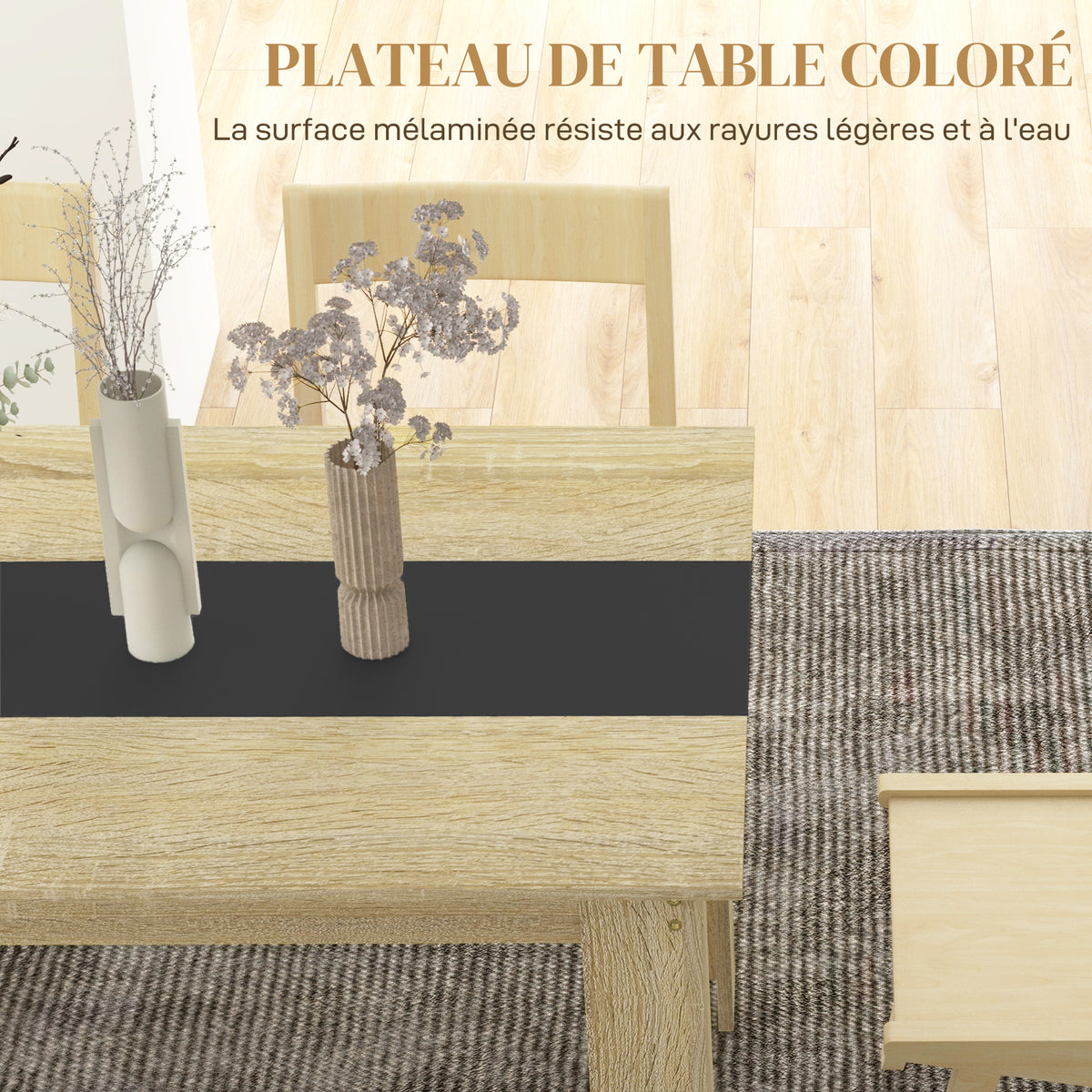 Table de salle à manger pour 6 personnes en bois aspect naturel et noir, dim. 140L x 90l x 75H cm