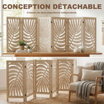 Paravent interieur en bois 6 panneaux 240 x 170 cm, pliable et portable, motif de feuille, design amovible, bois naturel