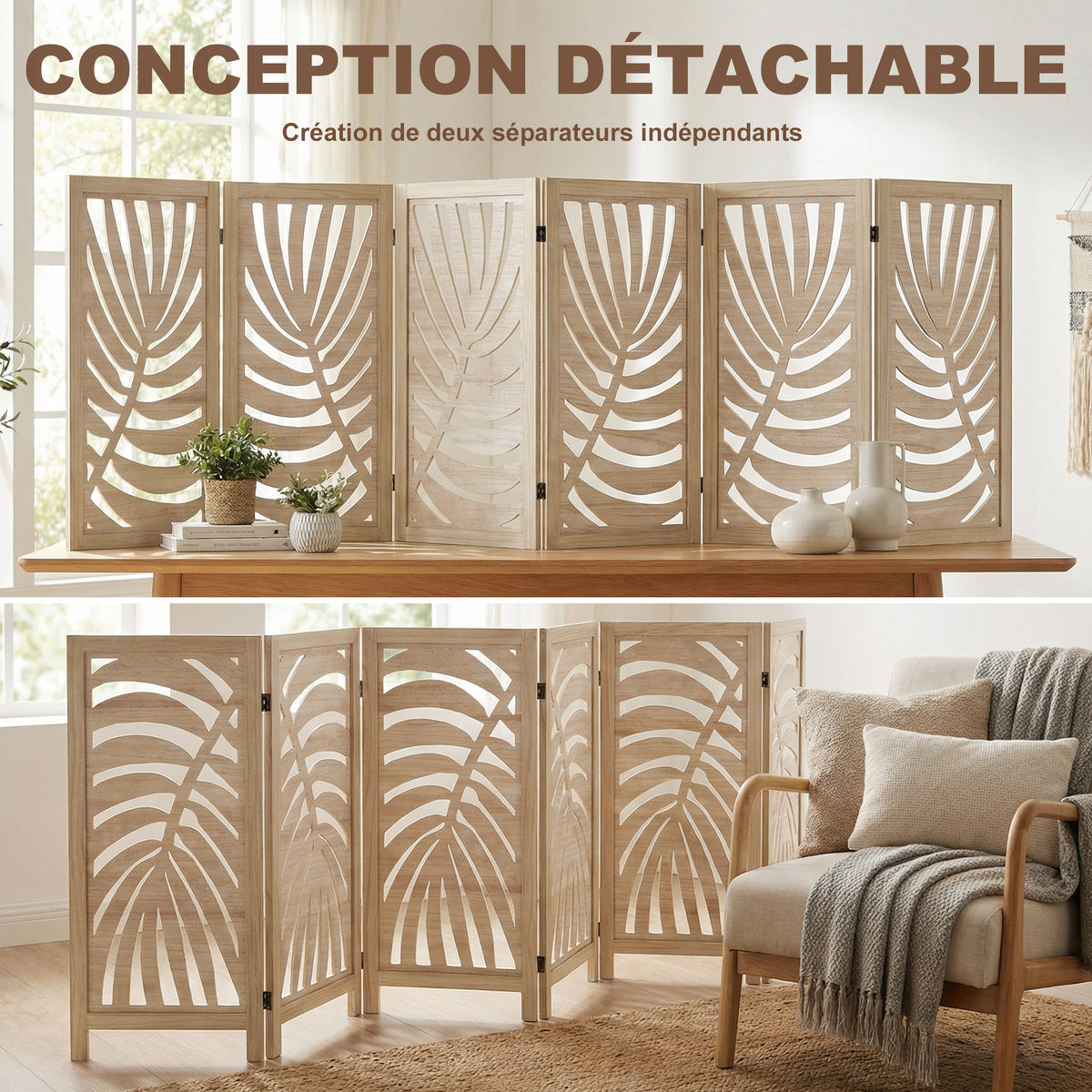 Paravent interieur en bois 6 panneaux 240 x 170 cm, pliable et portable, motif de feuille, design amovible, bois naturel
