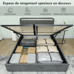Lit coffre 140 x 190 cm avec éclairage LED, tête de lit réglable, cadre de lit double, sommier à lattes en bois, gris