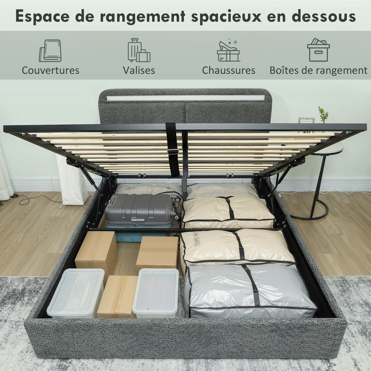 Lit coffre 140 x 190 cm avec éclairage LED, tête de lit réglable, cadre de lit double, sommier à lattes en bois, gris
