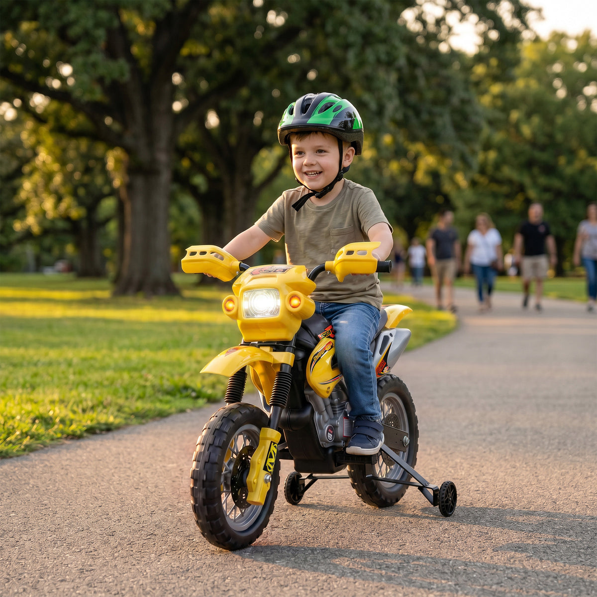 Moto électrique enfants, moto cross pour enfants avec batterie 6 V, phares, musiques et roues d'entraînement, 3 à 6 ans, charge 25KG, jaune et noir