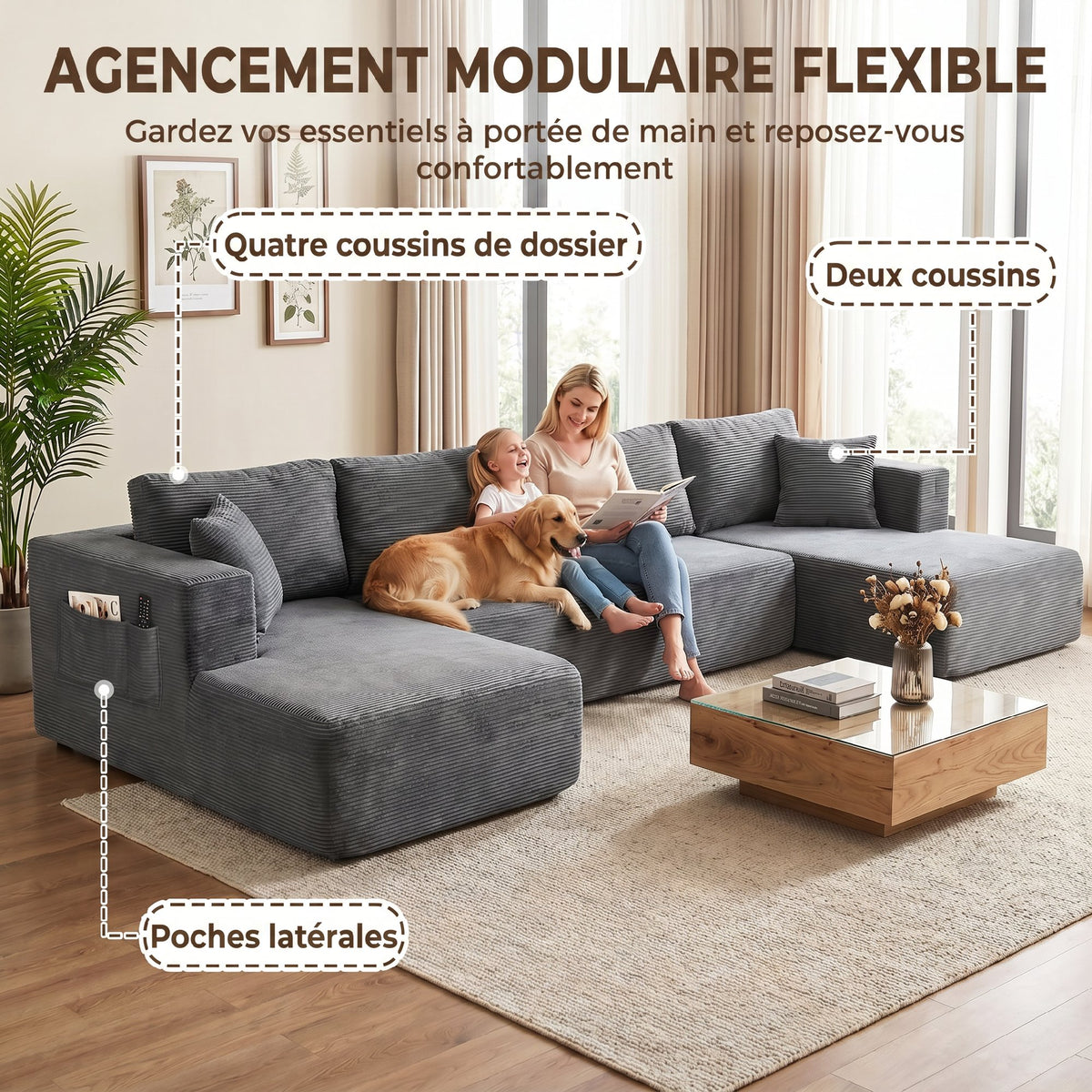 Canapé Modulaire en U 4 Places, 2 Méridiennes, Canapé 2 Places, 6 Coussins, Sans Montage, 369 x 152 x 78 cm, Gris