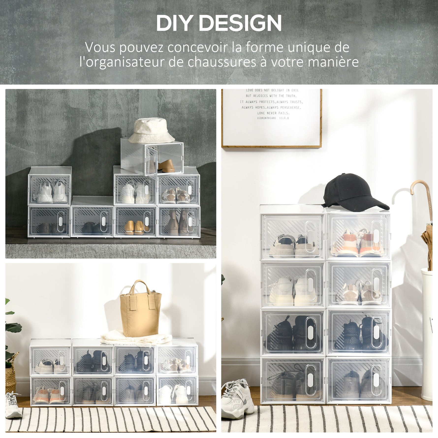 Lot de 8 boites cubes rangement à chaussures modulable avec portes transparentes - 25 x 35 x 19 cm