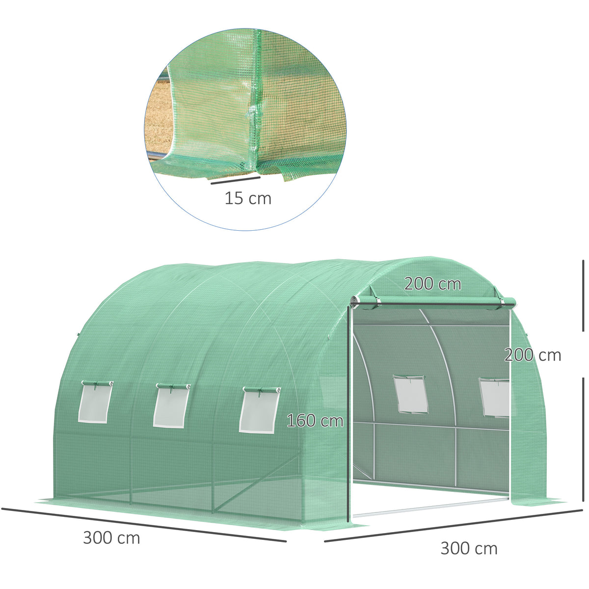 Serre de jardin 9 m² serre tunnel de jardin 3 x 3 x 2 m avec porte enroulable et 6 fenêtres en maille en acier PE vert