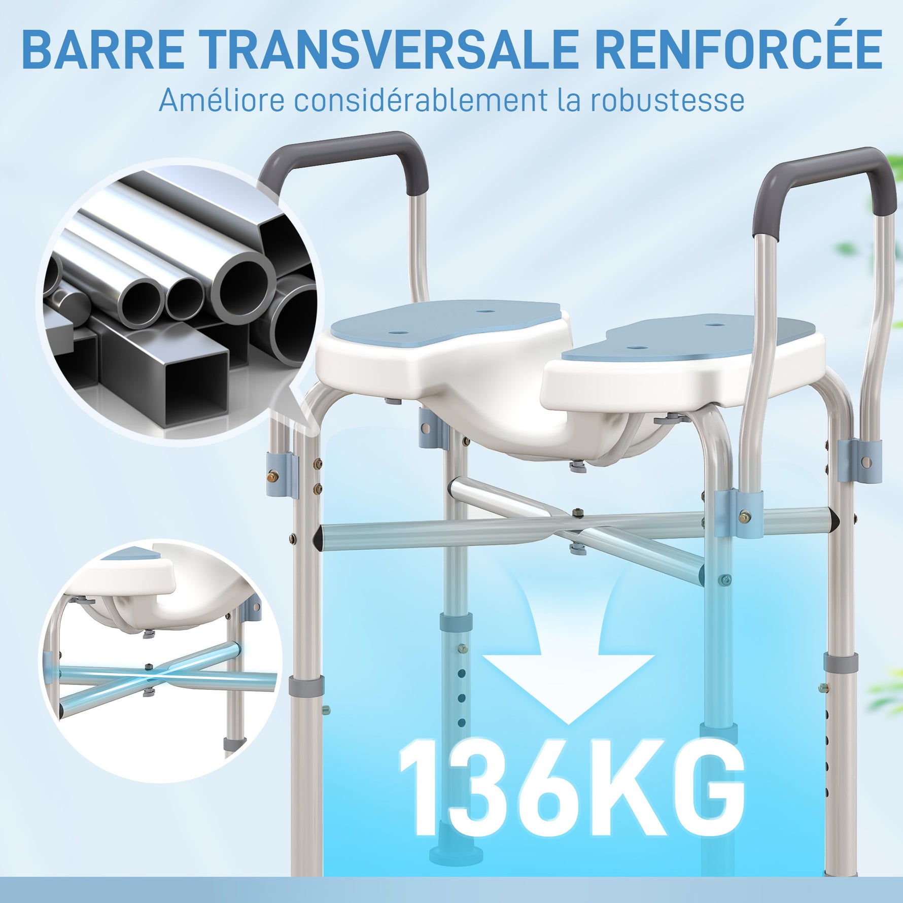 Chaise de douche avec accoudoirs siège de douche en forme U hauteur réglable anti-dérapant 53 x 36 x 64-75 cm bleu clair