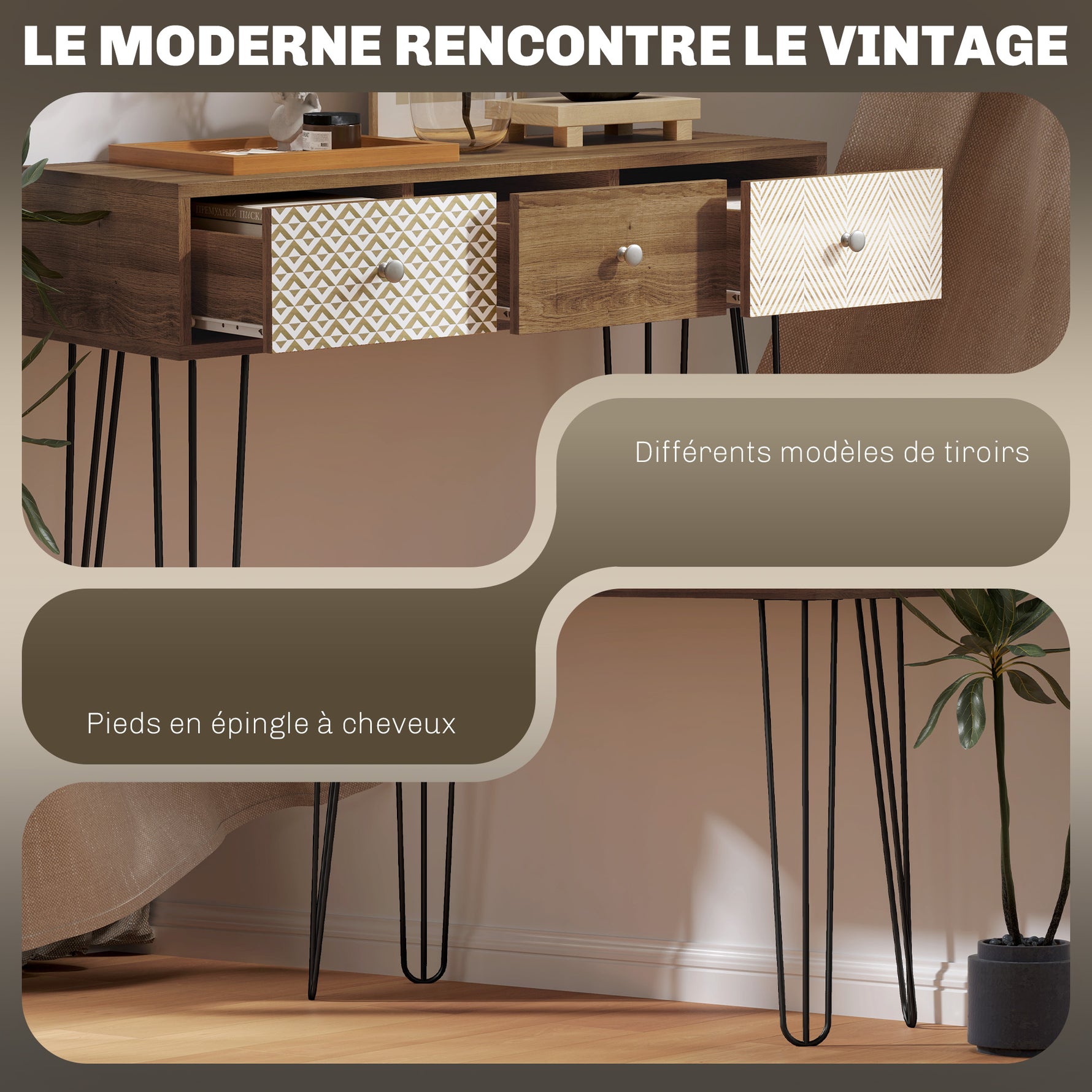 Table console avec 3 tiroirs, table d'entrée étroite avec pieds en épingle à cheveux en acier, 90 x 30 x 75 cm, marron