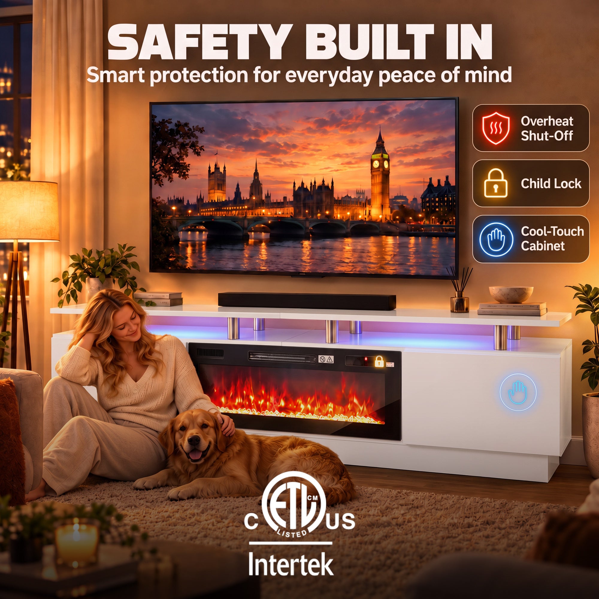 Meuble TV avec Cheminée Électrique 203cm avec Éclairage LED Fausse Cheminée Décorative 900/1800W Effet Flamme 3D Blanc