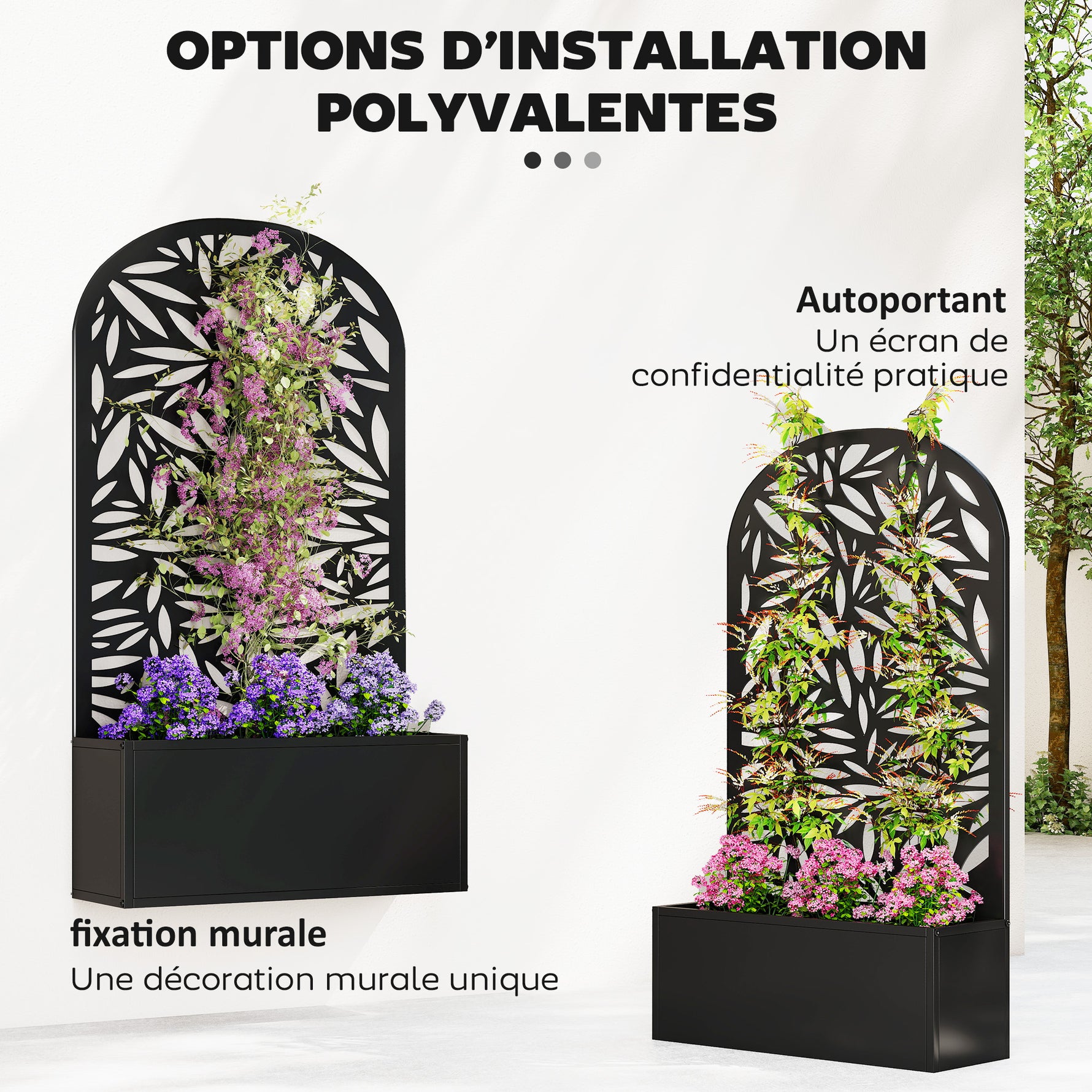 Jardinière avec treillis, bac à fleurs en métal, à fixer au mur ou au sol, 61x23x113cm, noir