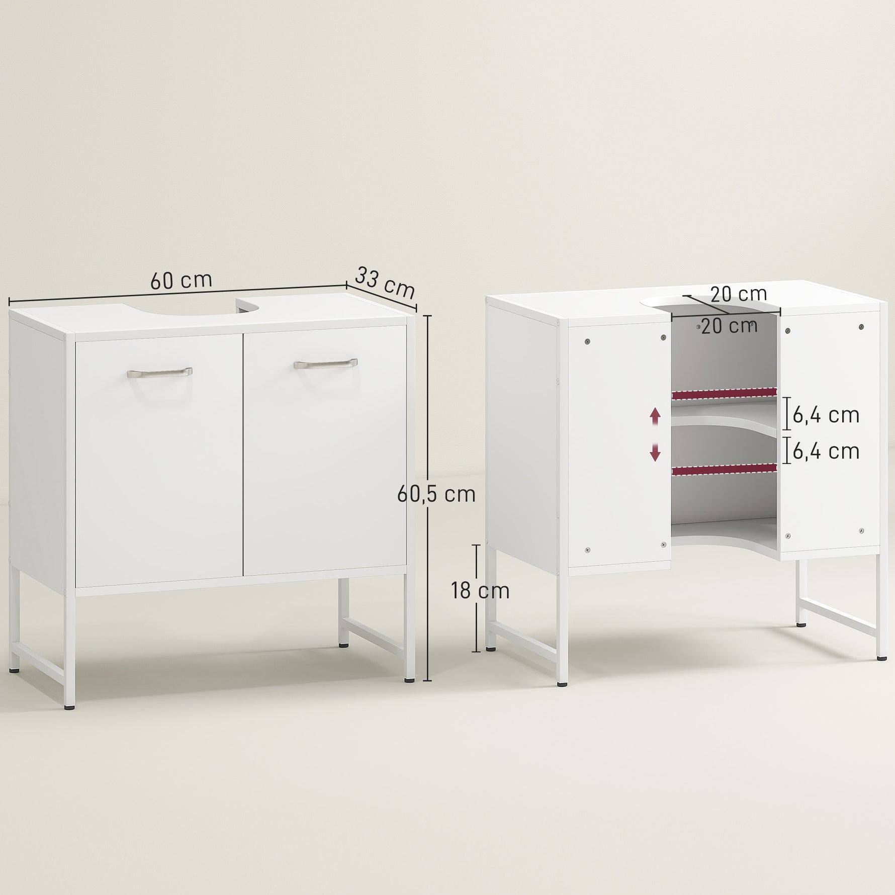 Meuble sous lavabo, meuble de salle de bain avec 2 portes à fermeture douce et étagère réglable, blanc