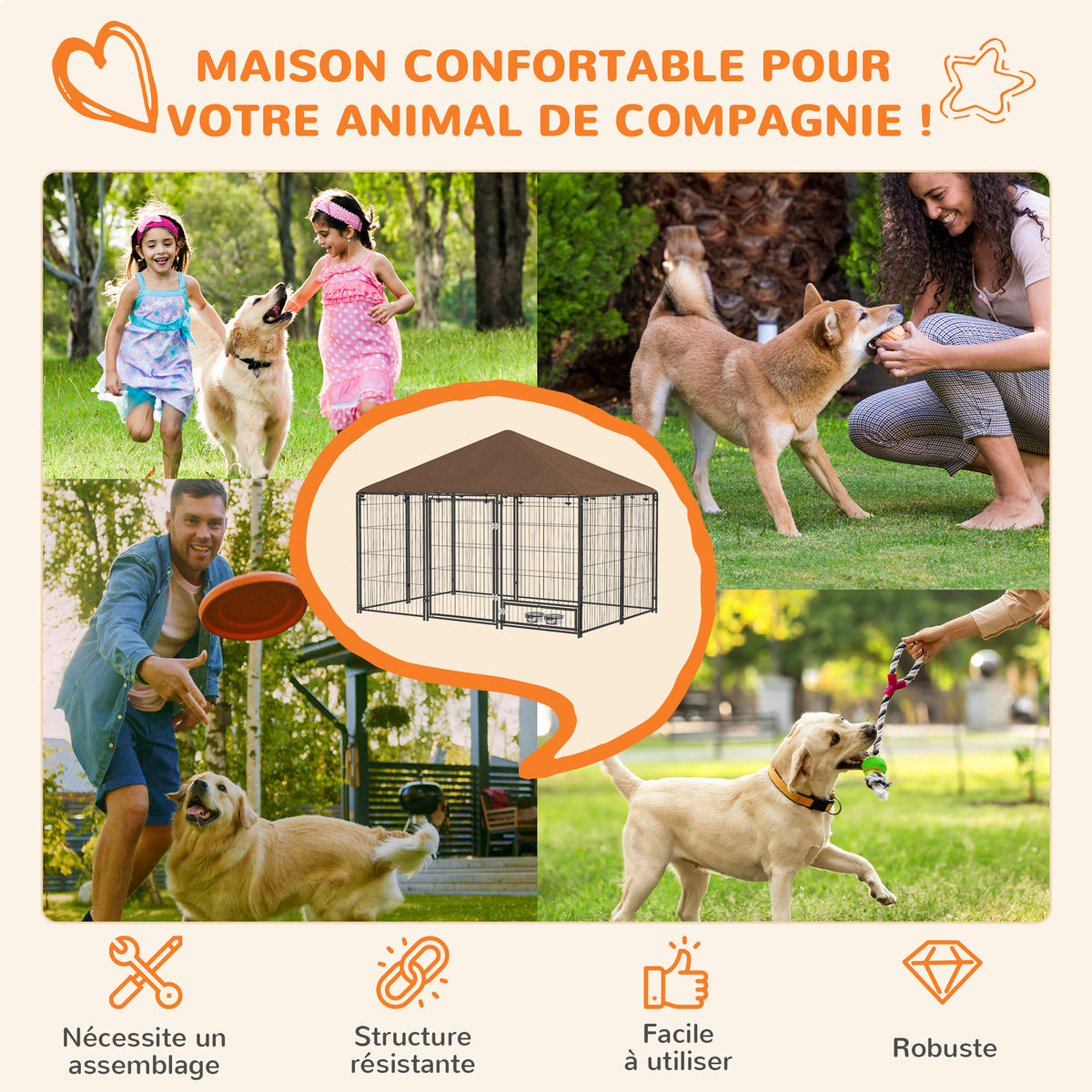 Chenil extérieur pour Chiens en acier et Tissu Oxford Support gamelle et Toit résistant aux intempéries Espace spacieux-3