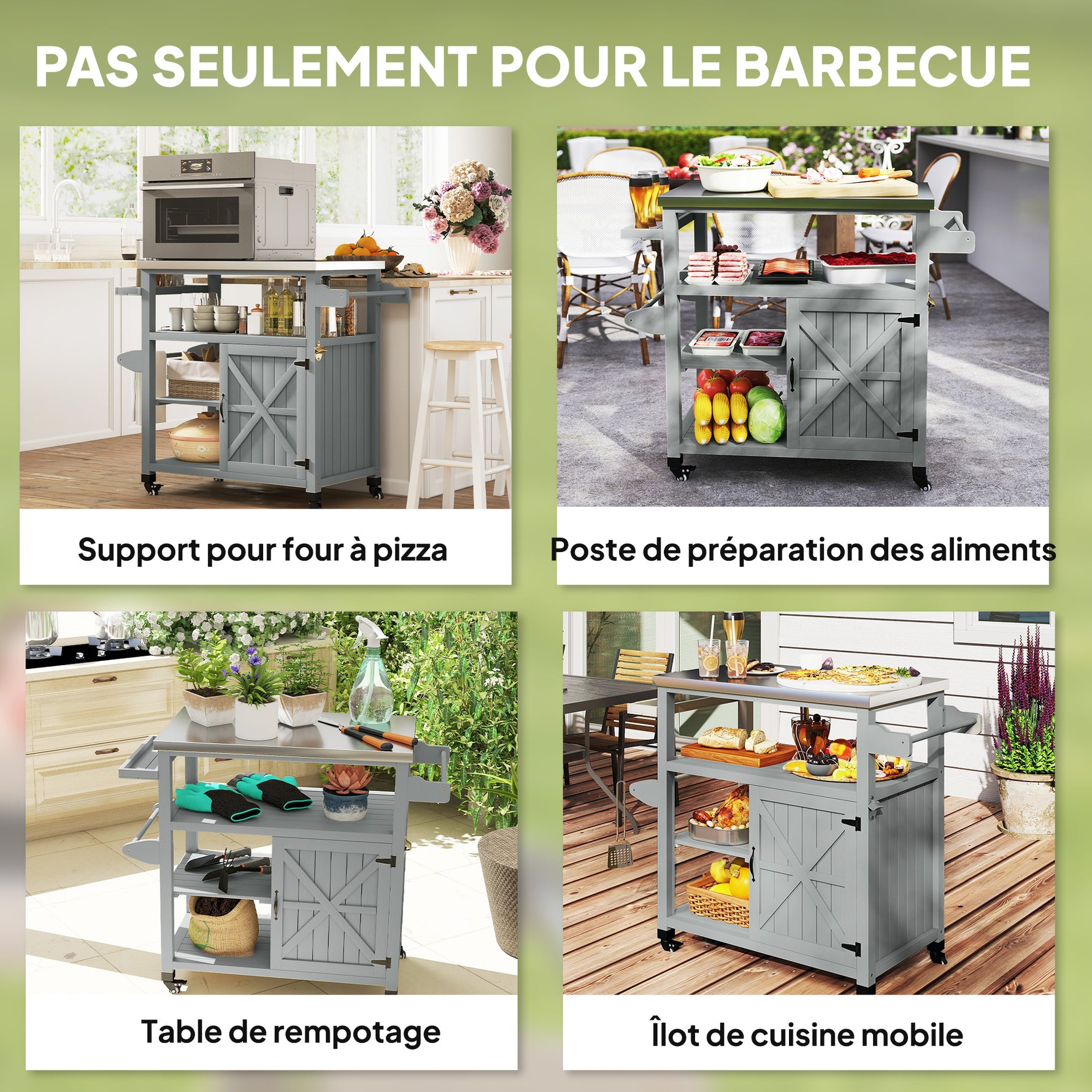 Desserte jardin chariot de barbecue sur roulettes avec plateau en acier inoxydable 107x49,5x92,5cm gris