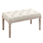 Banc Banquette classique capitonné 80cm bout de lit Rembourrée en lin - bois d'hévéa sculpté, patiné - Crème