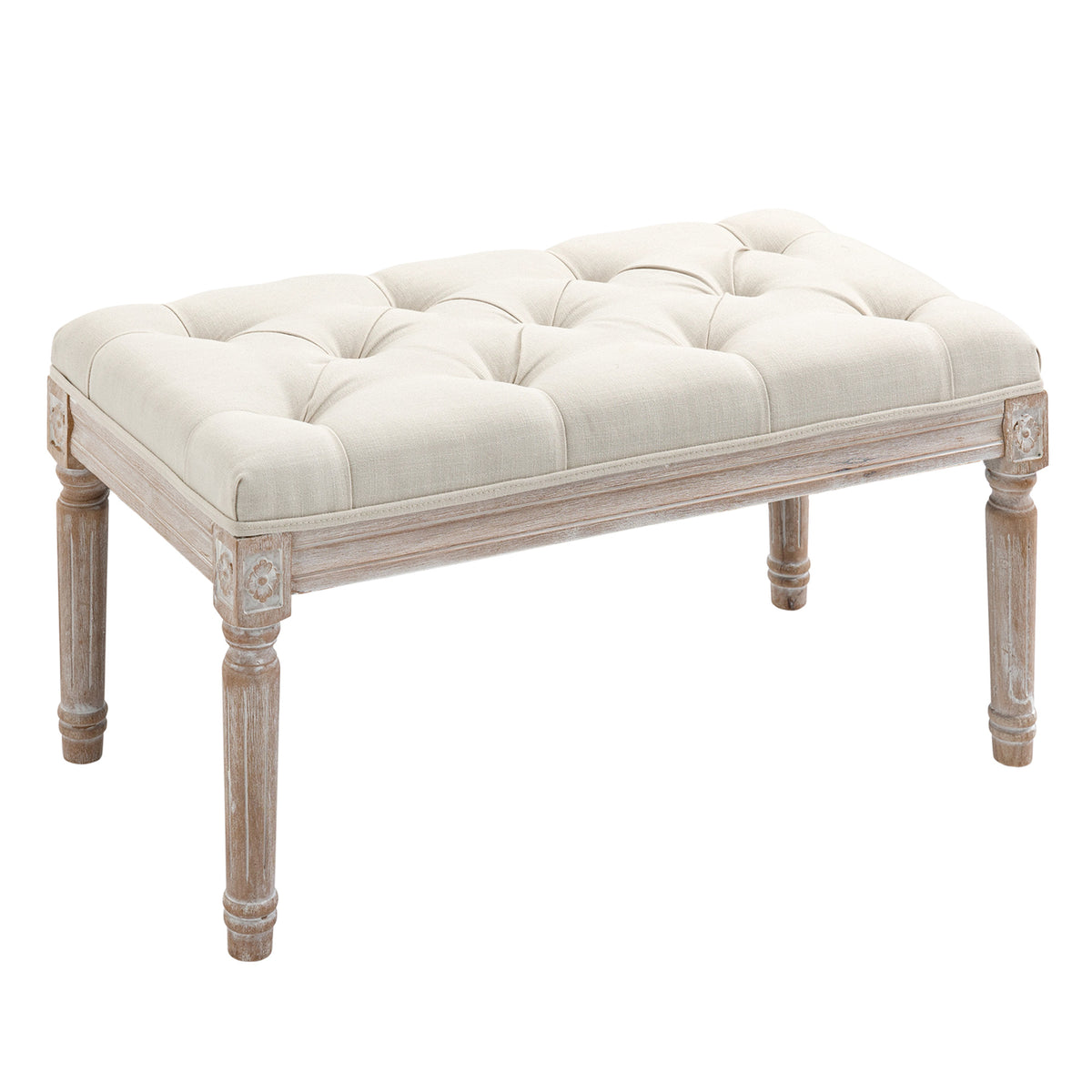 Banc Banquette classique capitonné 80cm bout de lit Rembourrée en lin - bois d'hévéa sculpté, patiné - Crème