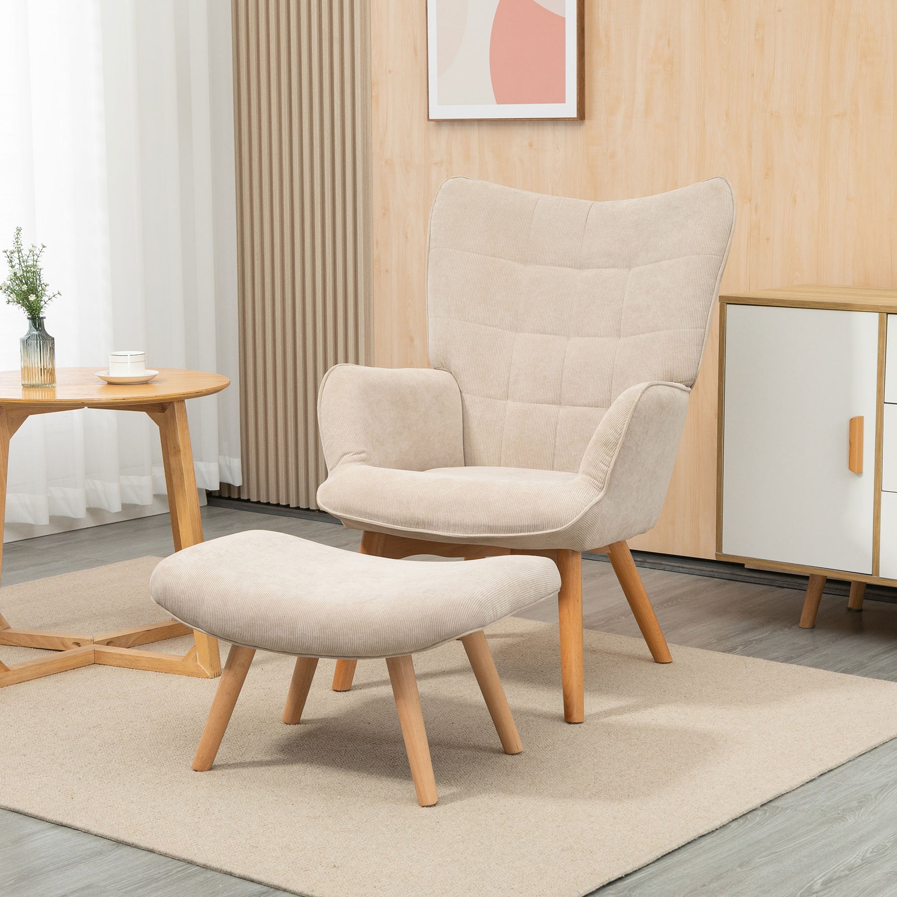 Fauteuil avec repose pied, dossier haut, pieds en bois et tissu aspect velours côtelé, pour salon chambre à coucher beige