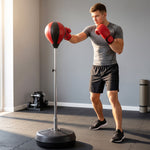 Sac de Frappe sur Pied Punching ball sur pied réglable en hauteur 126-144 cm avec gants, pompe et base de lestage pour adolescents et débutants noir et rouge