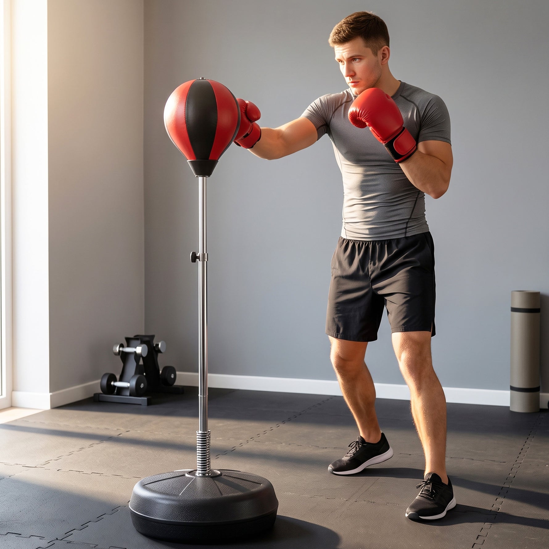 Sac de Frappe sur Pied Punching ball sur pied réglable en hauteur 126-144 cm avec gants, pompe et base de lestage pour adolescents et débutants noir et rouge