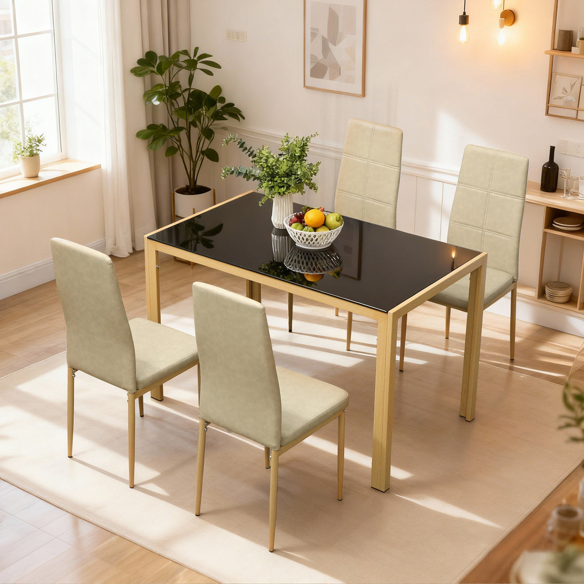 Esszimmer-Set mit 4 Stühlen aus Kunstleder, rechteckige Tischplatte aus gehärtetem Glas, 120x70x75cm, Natur