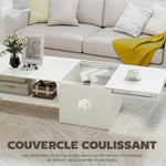 Table basse rectangulaire, table d'appoint plateau coulissant, rangement caché, étagère ouverte, 110 x 52 x 36 cm, blanc