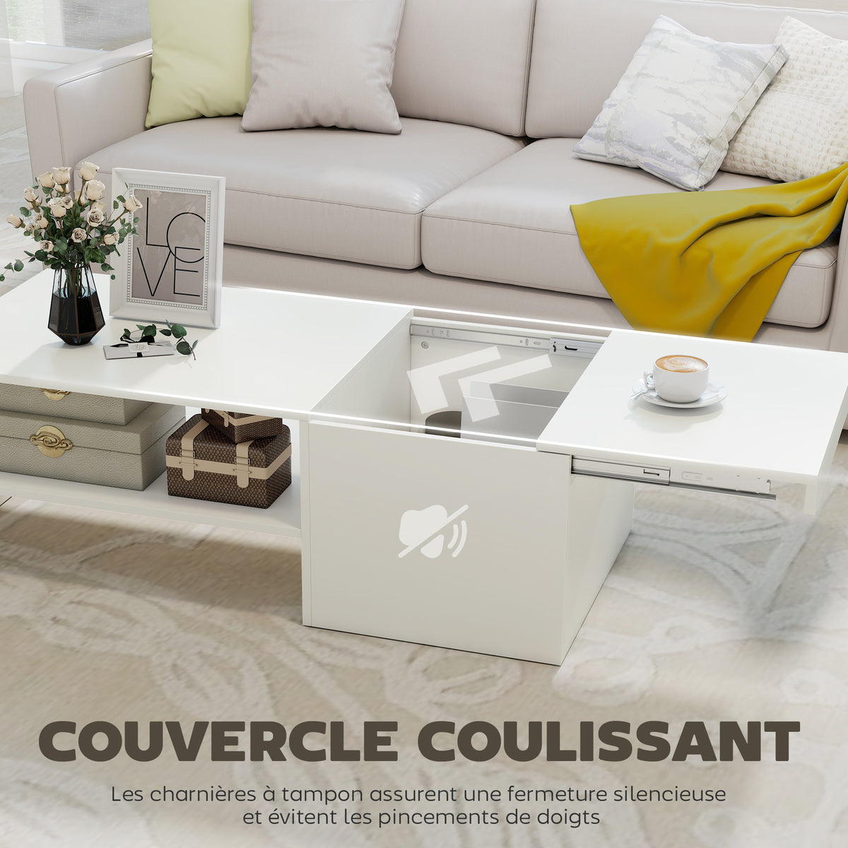 Table basse rectangulaire, table d'appoint plateau coulissant, rangement caché, étagère ouverte, 110 x 52 x 36 cm, blanc