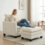 Woonkamerfauteuil met voetensteun, 1-zitsbank van chenille, brede zitting, dubbellaagse vulling, 85x128x86cm, crème