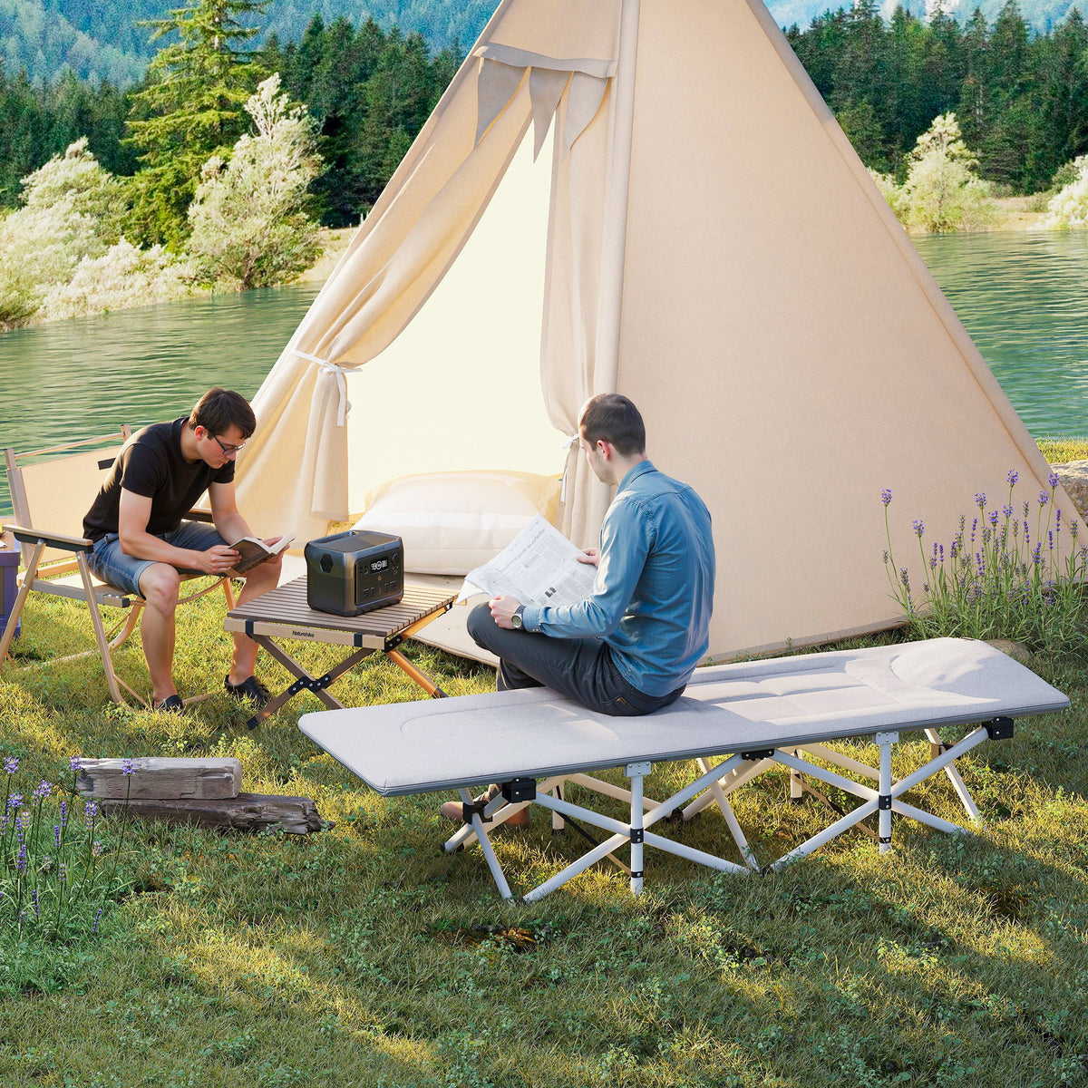 Cama de camping plegable con colchón, tumbona, silla reclinable y bolsa de almacenamiento integrada, dim. 185L x 65l x 37H cm, gris