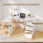 Bureau d'Angle, Bureau Informatique en L, 3 Tiroirs, 5 Compartiments Ouverts, Étagères Réglables, 140x100x75cm, Blanc