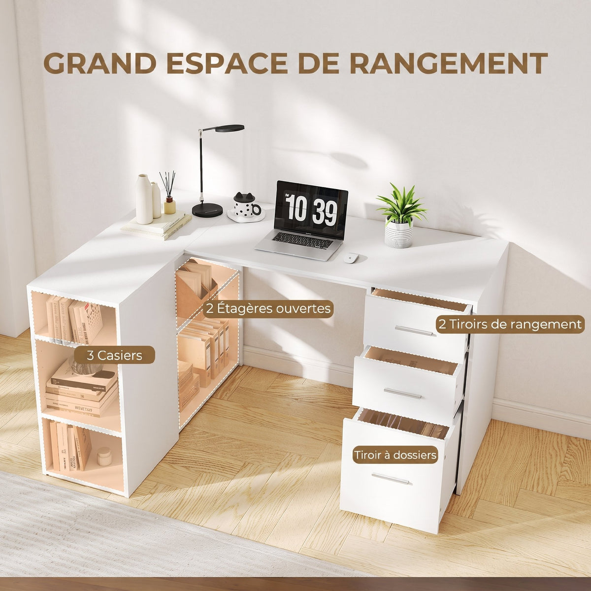 Bureau d'Angle, Bureau Informatique en L, 3 Tiroirs, 5 Compartiments Ouverts, Étagères Réglables, 140x100x75cm, Blanc