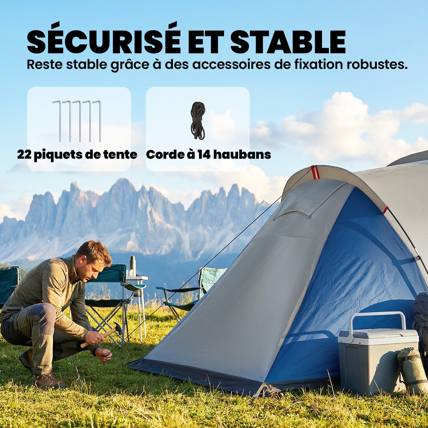 Tente de Camping Double Couche Tunnel Familiale 4-5 Personnes 2 Chambres et Séjour pour 12 Personnes Bleu