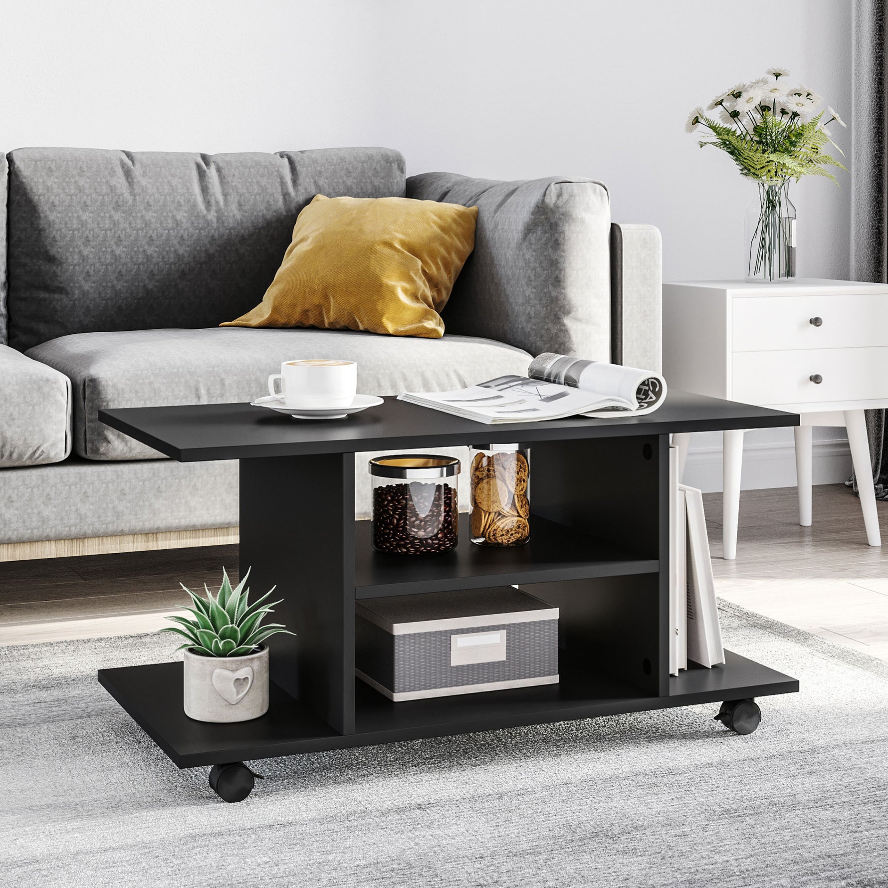 Meuble TV avec Roulettes 80 cm, Meuble Télé pour Téléviseur jusqu'à 42 Pouces avec Étagères Ouvertes, Style Moderne, Banc TV pour Salon, Chambre, Noir
