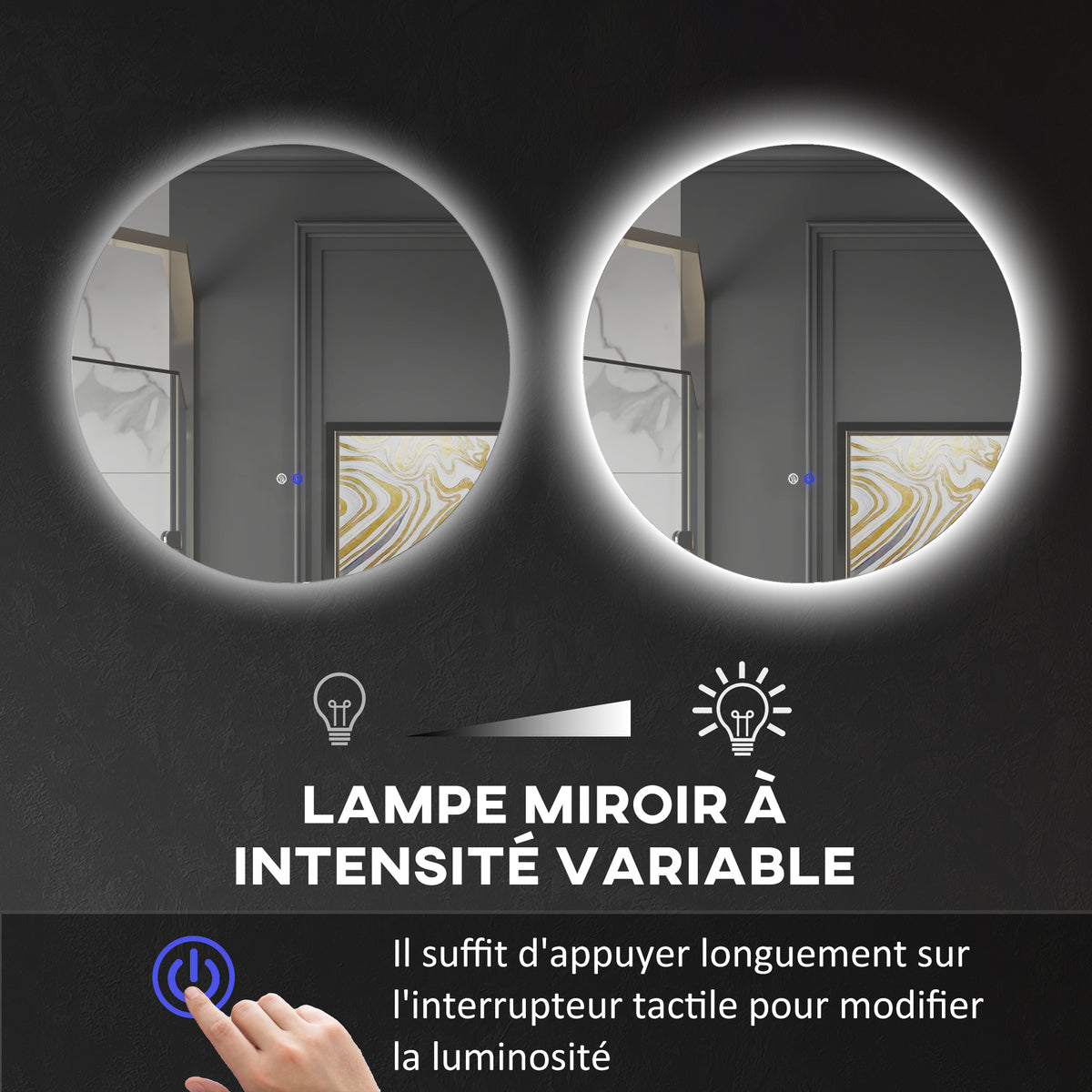 Miroir rond lumineux LED de salle de bain Ø 60 cm mural avec éclairage interrupteur tactile système antibuée  29 W gris