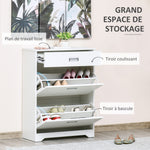 Meuble à chaussures avec 2 tiroirs rabattables étagère réglable + 1 tiroir  jusqu'à 16 paires 70L x 29l x 92H Blanc