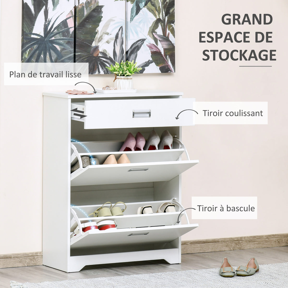 Meuble à chaussures avec 2 tiroirs rabattables étagère réglable + 1 tiroir  jusqu'à 16 paires 70L x 29l x 92H Blanc