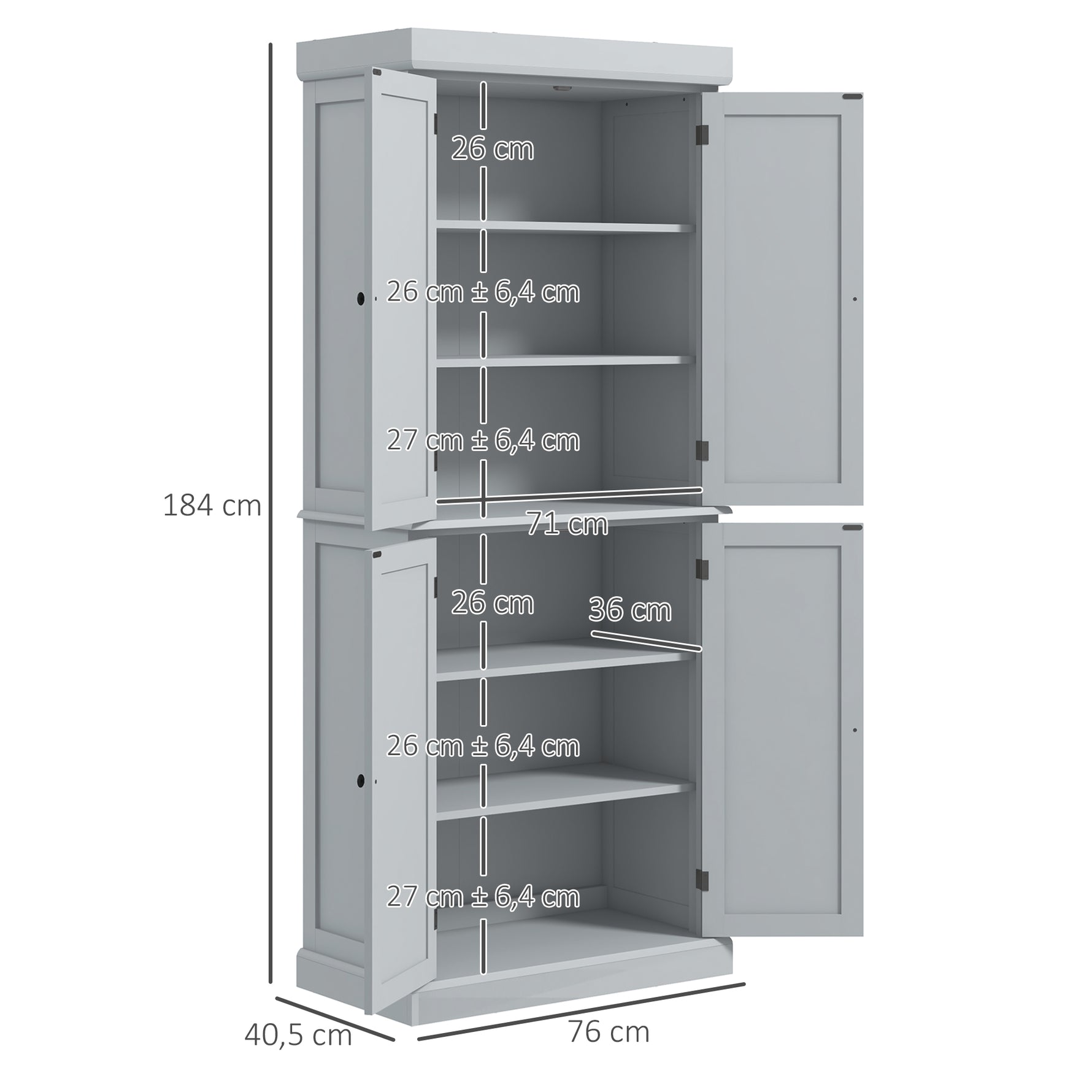 Armoire de cuisine buffet cuisine style moderne avec placards, étagères réglables, 76 x 40,5 x 184 cm, gris