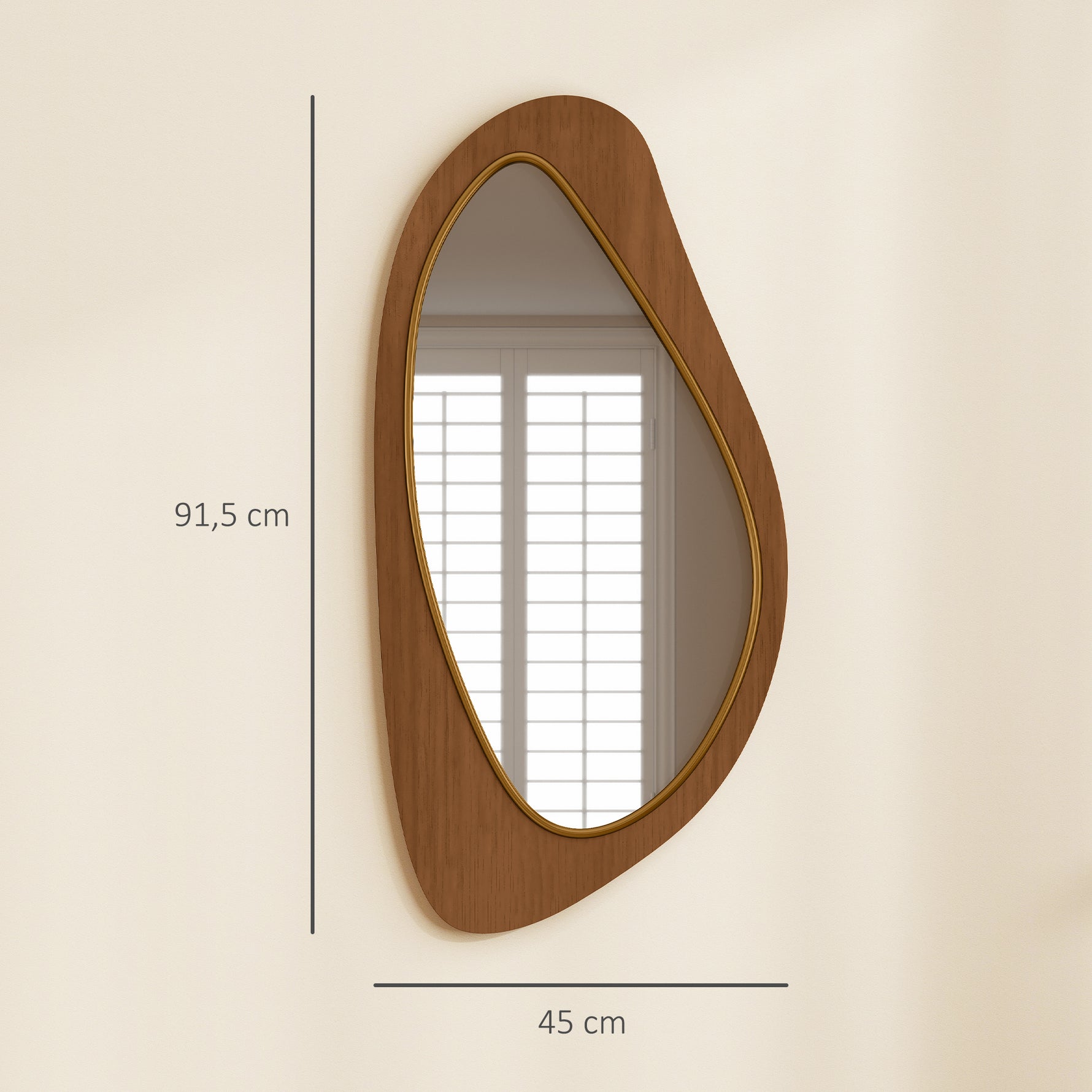 Miroir mural asymétrique 91,5 x 45 cm, miroir suspendu moderne, cadre en bois, effet bois naturel