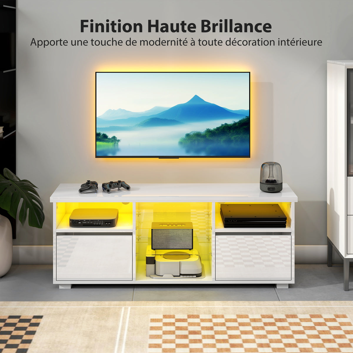 Meuble TV 120 cm, meuble télé pour téléviseur jusqu'à 55 pouces éclairage LED et télécommande étagères en verre blanc
